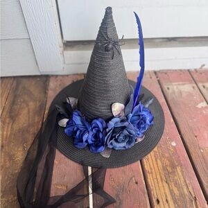 Custom Handmade Black Witch Hat with Blue Floral & Feather Trim